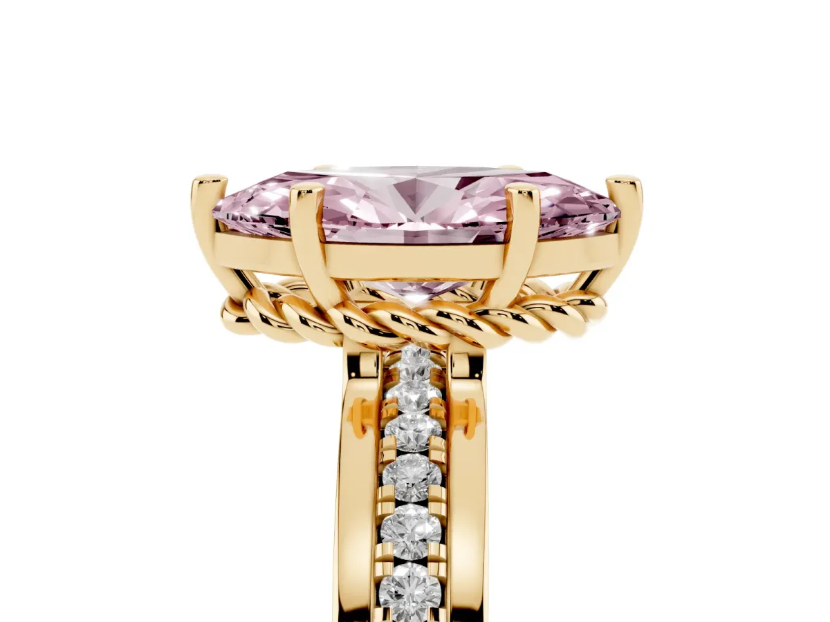 Fancy Pink Marquise Cut Solitaire Diamond Ring with Channel Set Band and Six-Prong Setting Yellow gold