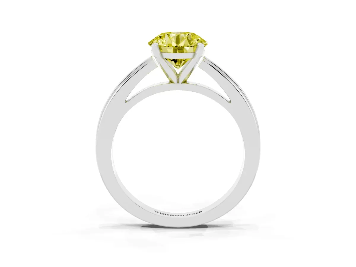 Fancy Yellow Round Cut Solitaire Diamond Ring with Four-Prong Setting and Classic Band Platinum