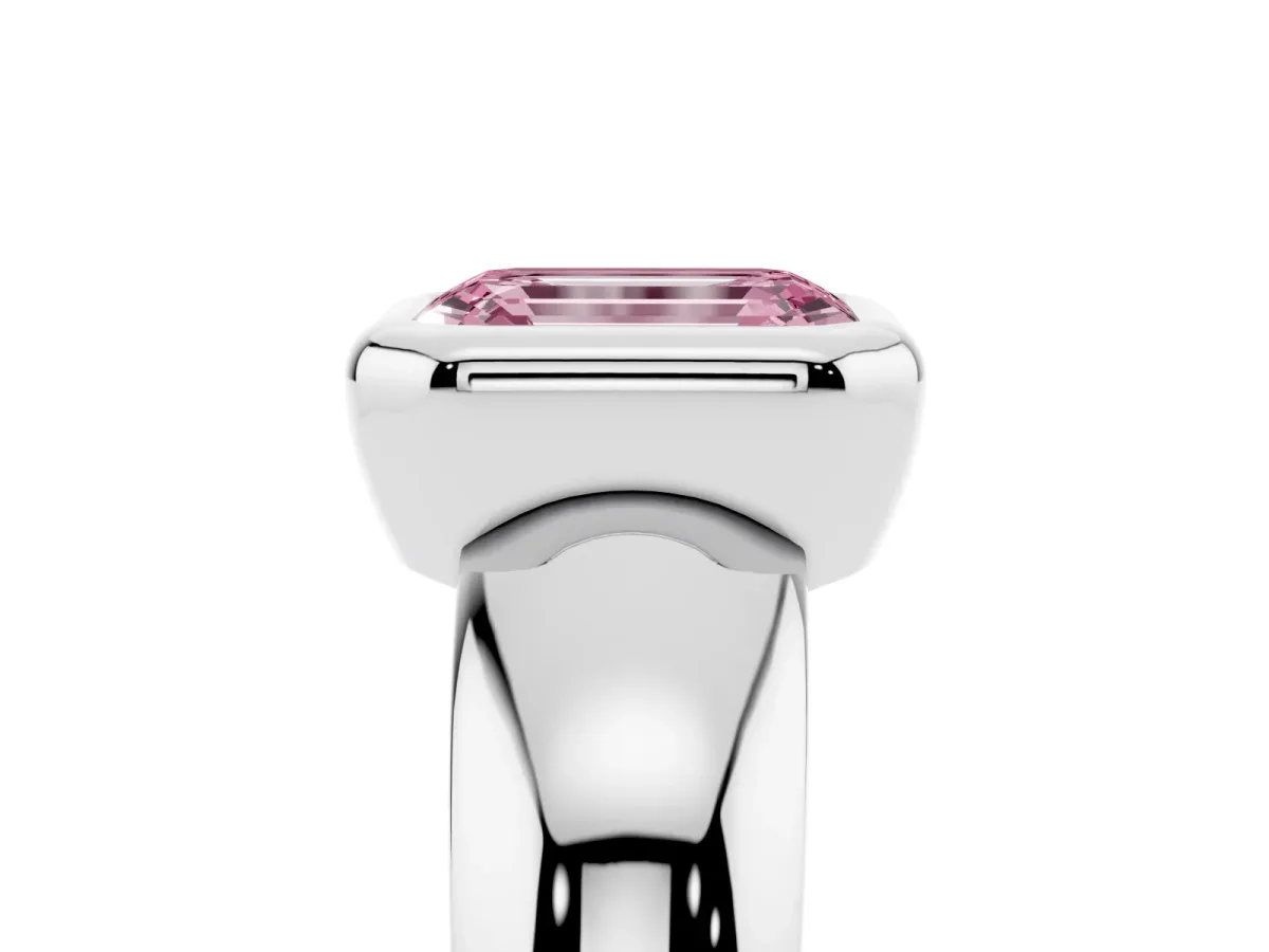 Fancy Pink Bezel Set Emerald Cut Solitaire Ring with Wide Band White gold