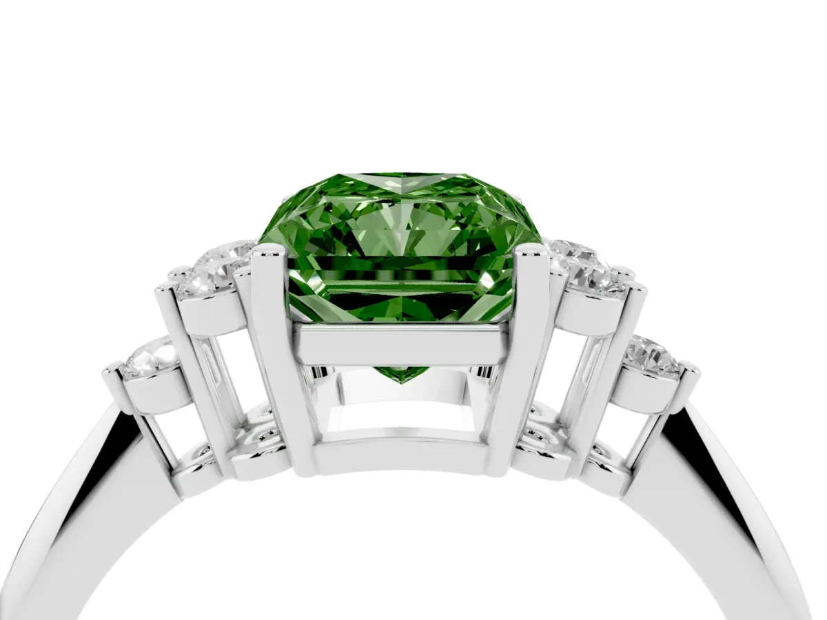 Fancy Green Radiant Cut Cut Diamond Cluster Ring with Solitaire Band and Four-Prong Setting Silver