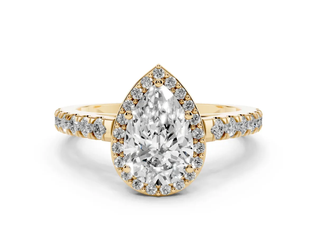 Pear Cut Cut Halo Diamond Engagement Ring with Pave Band and Four-Prong Setting Yellow gold