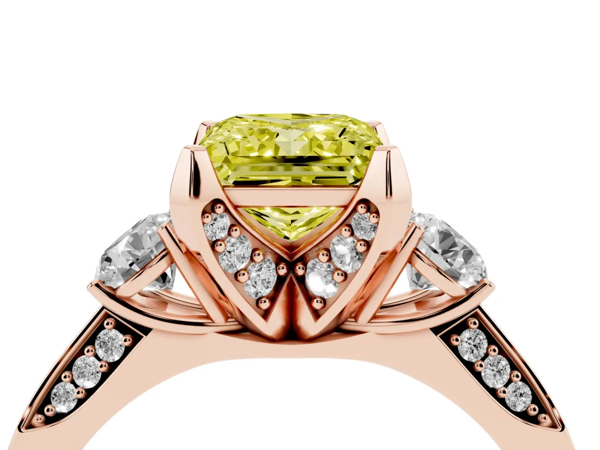 Fancy Yellow Princess Cut Brilliant Three-Stone Diamond Ring with Pavé Band and Four-Prong Setting Rose gold