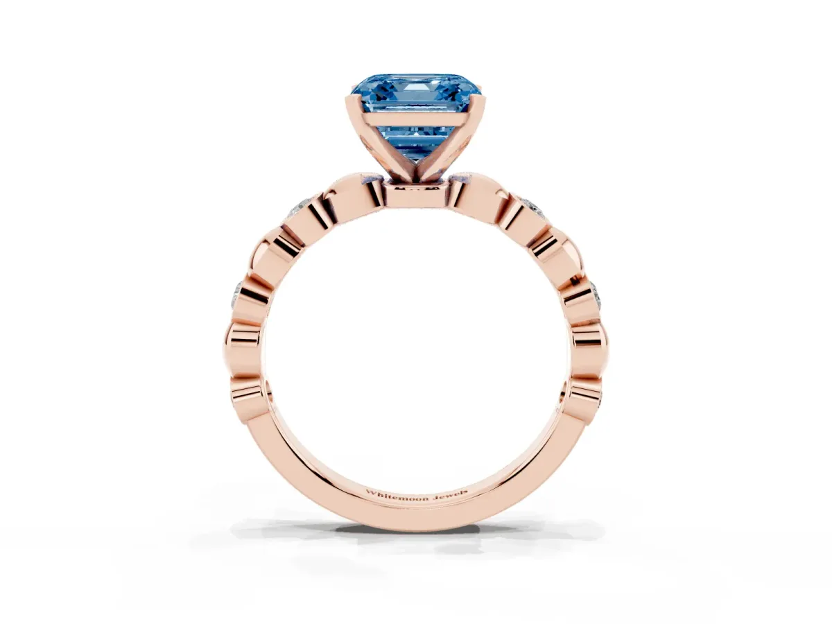 Fancy Blue Asscher Cut Solitaire Bezel-Set Diamond Ring with Beaded Band and Four-Prong Setting Rose gold