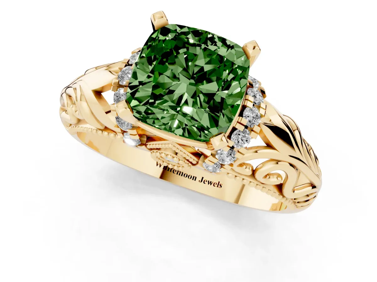 Fancy Green Cushion Cut Solitaire Filigree Engagement Ring with Halo and Prong Setting Yellow gold