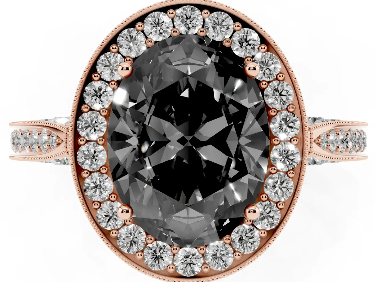 Fancy Black Oval Cut Halo Diamond Engagement Ring with Split Shank Band and Four-Prong Setting Rose gold