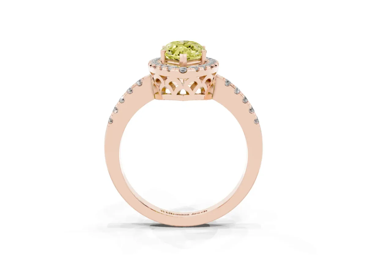Fancy Yellow Marquise Cut Halo Diamond Engagement Ring with Pavé Band and Four-Prong Setting Rose gold