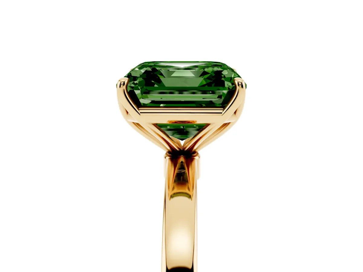 Fancy Green Asscher Cut Diamond Solitaire Ring with Thin Band and Prong Setting Yellow gold