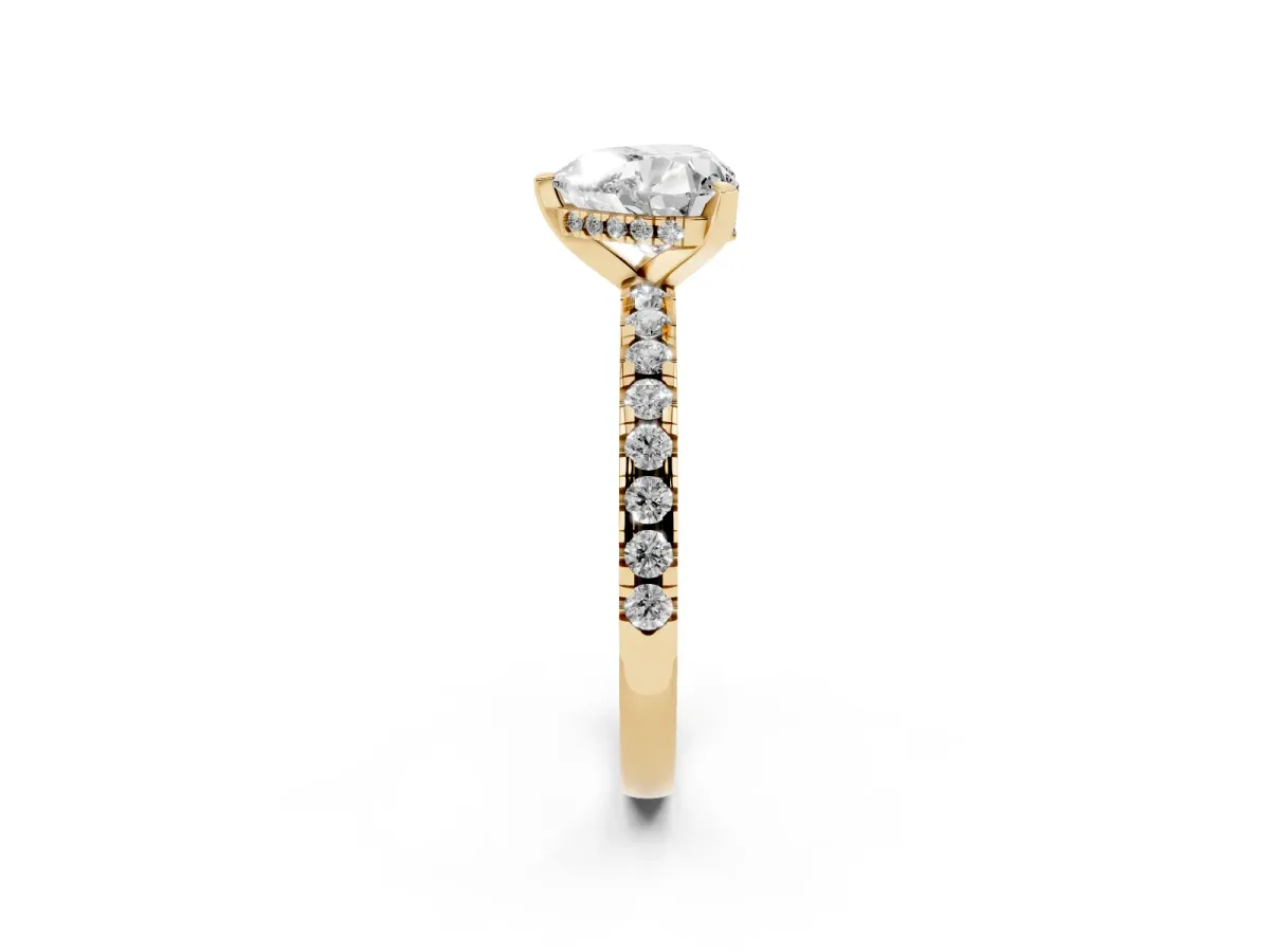 Heart Cut Diamond Solitaire Ring with Round Pavé Band and Four-Prong Setting Yellow gold