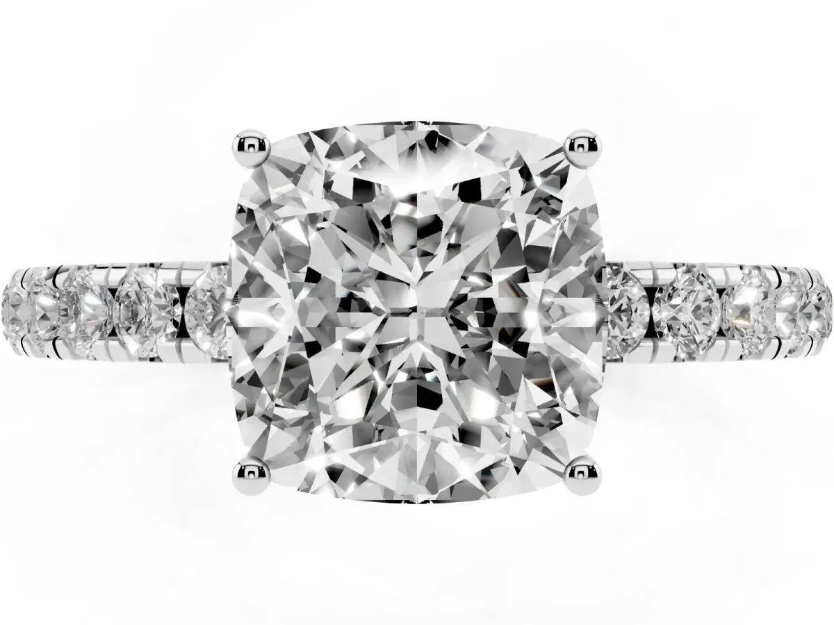 Cushion Cut Diamond Pavé Solitaire Engagement Ring with Four-Prong Setting Platinum