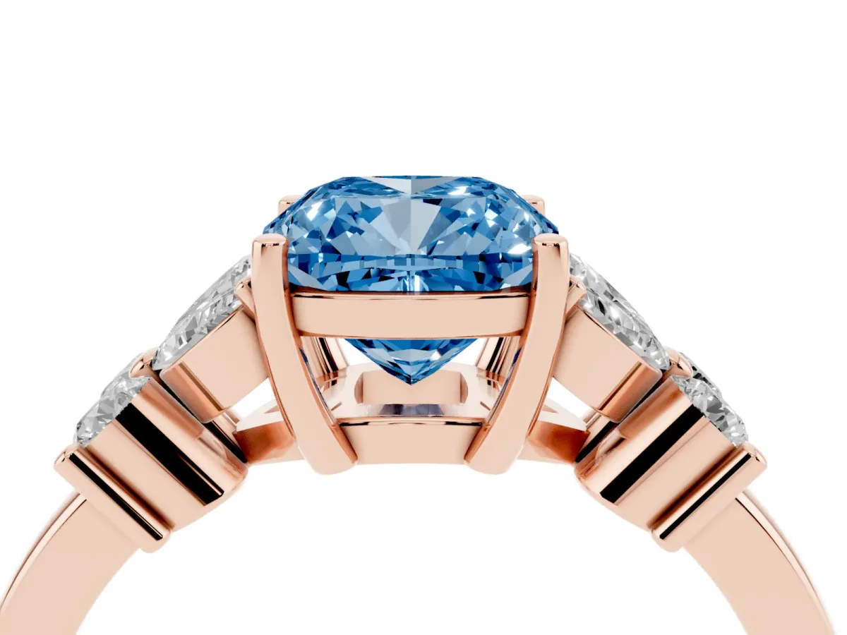 Fancy Blue Cushion Cut Diamond Floral Cluster Ring with Solitaire Band and Prong Setting Rose gold