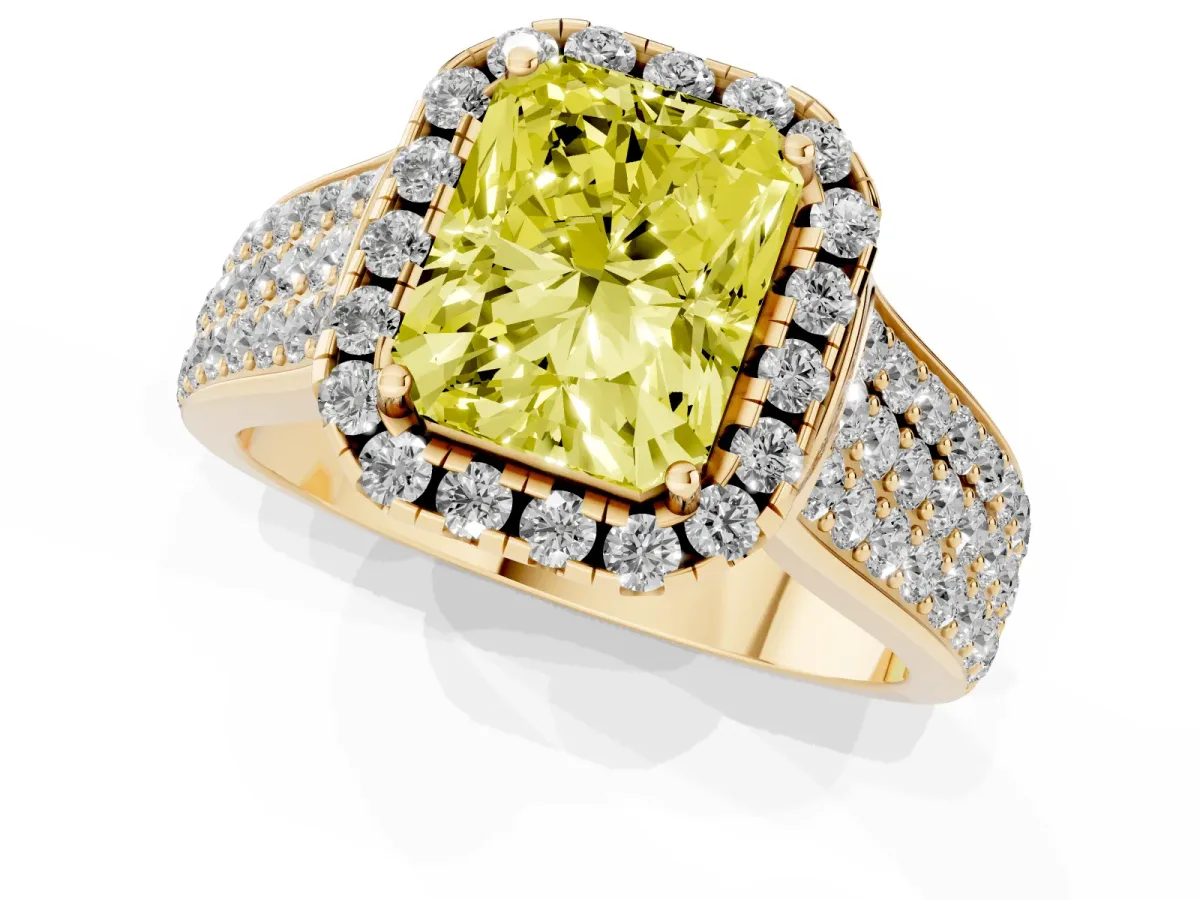 Fancy Yellow Radiant Cut Halo Round Diamond Pave Band with Prong Setting Yellow gold