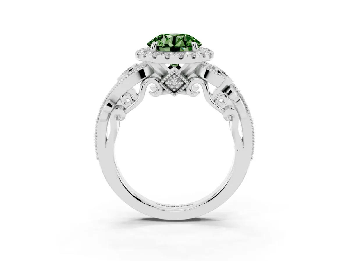 Fancy Green Round Cut Halo Diamond Ring with Milgrain and Bezel Accents on a Split Shank Band White gold