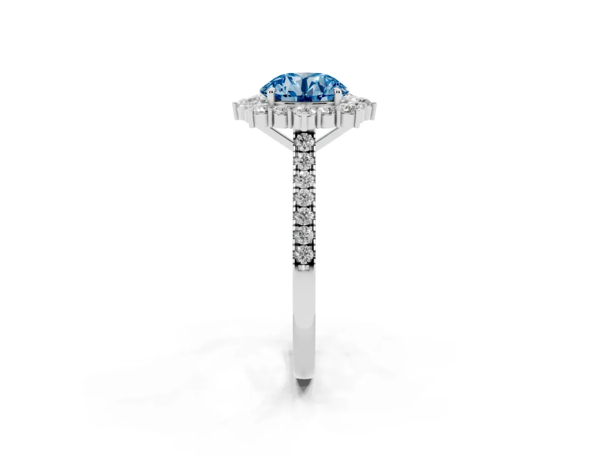 Fancy Blue Round Cut Halo Diamond Ring with Pavé Band and Prong Setting Silver