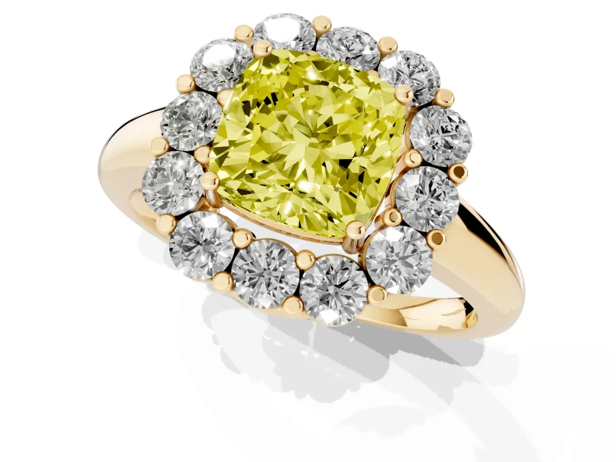 Fancy Yellow Cushion Cut Halo Cluster Diamond Engagement Ring with Prong Setting and Polished Band Yellow gold
