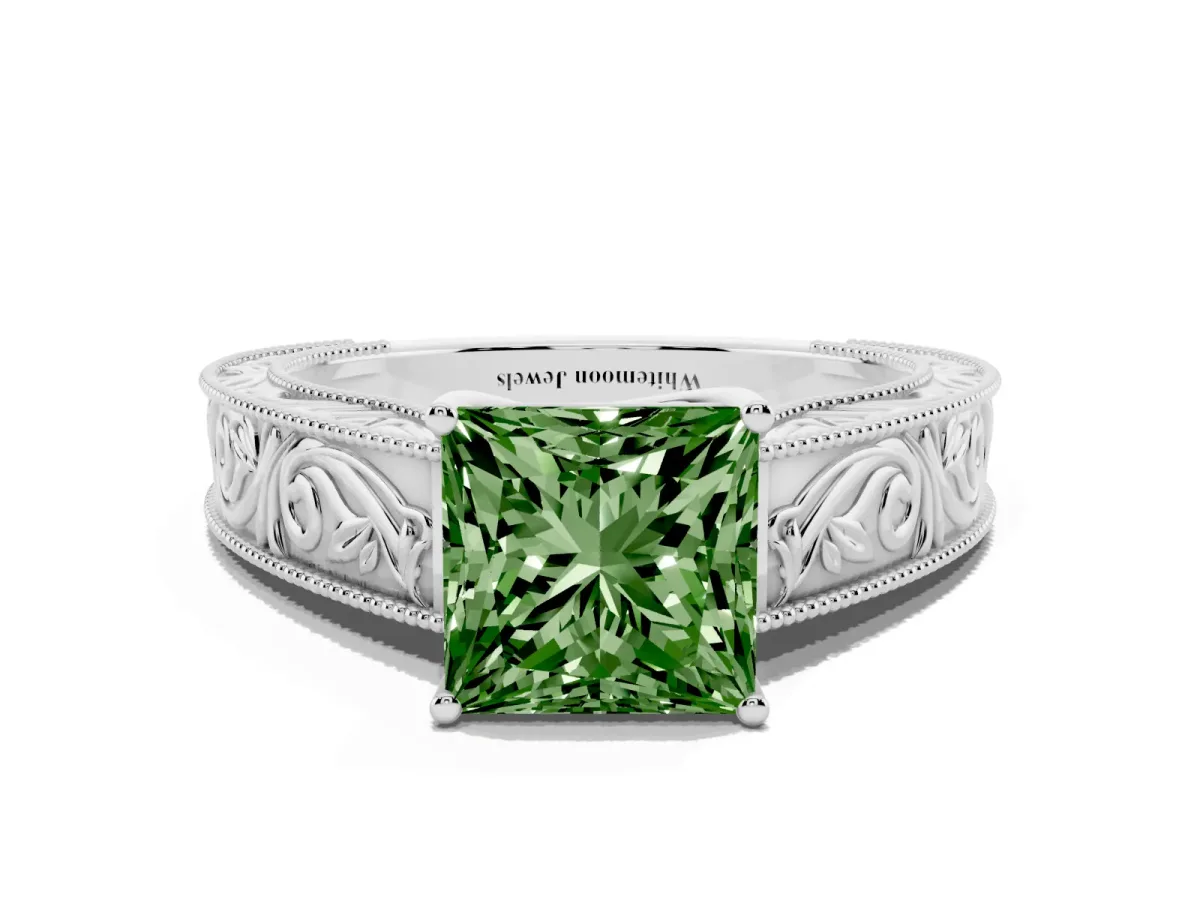Fancy Green Princess Cut Diamond Solitaire Ring with Engraved Band and Four-Prong Setting Silver