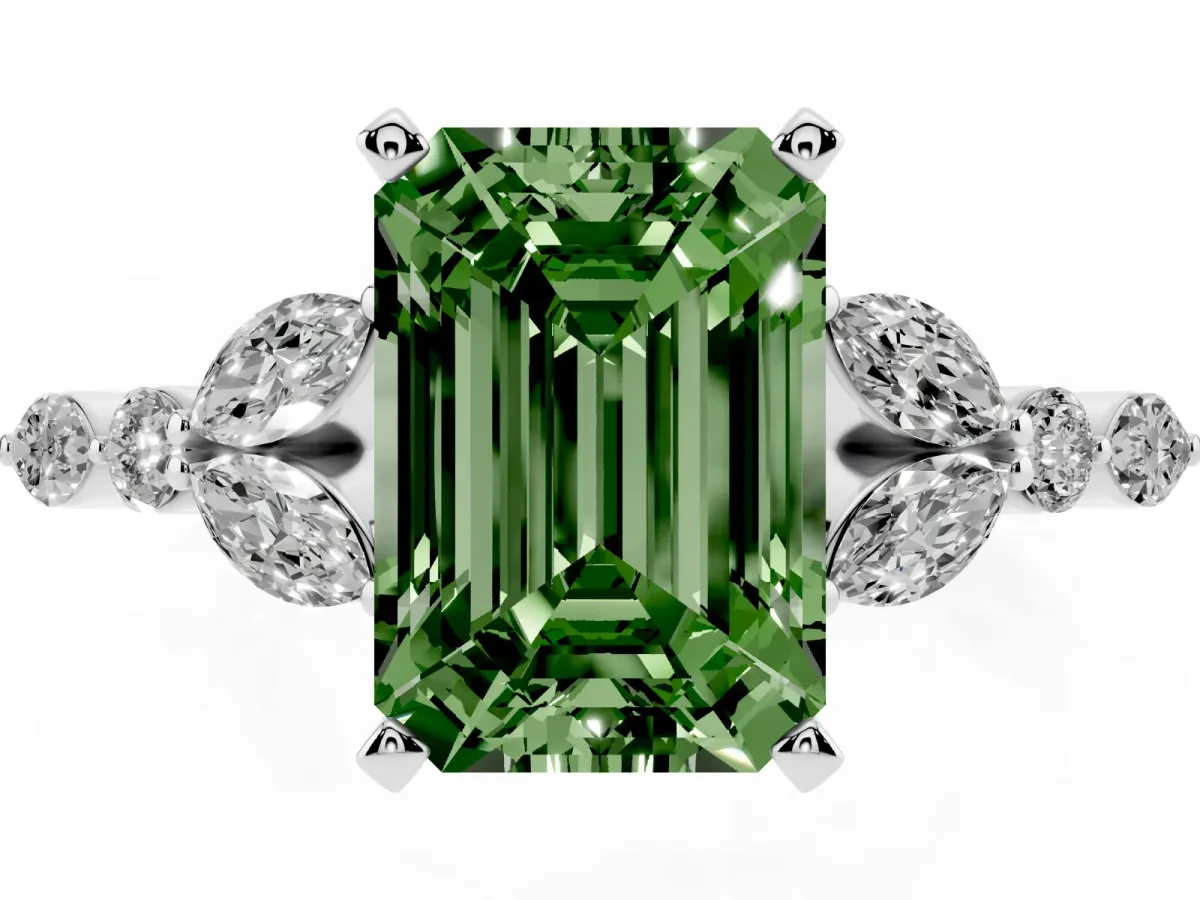 Fancy Green Emerald Cut Diamond Solitaire Ring with Side Stones and Four-Prong Setting Platinum
