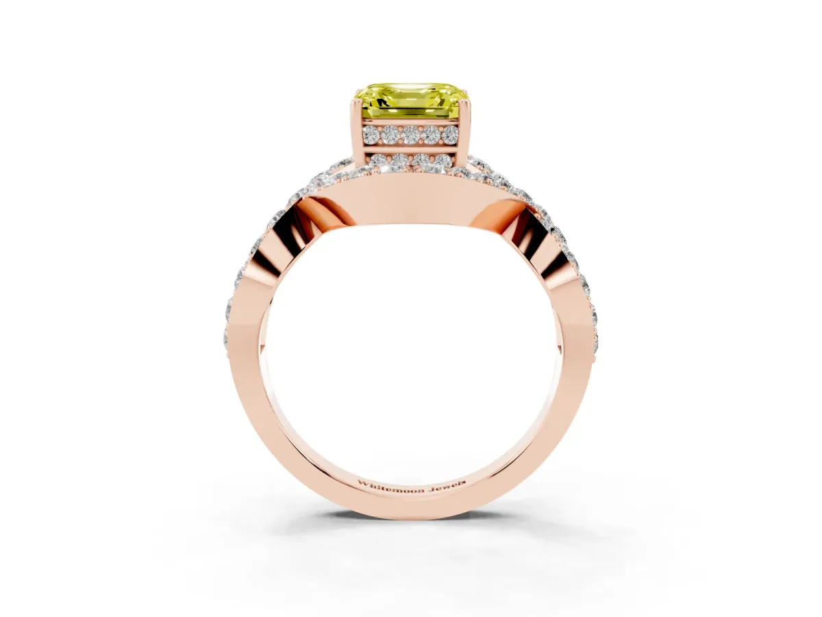 Fancy Yellow Asscher Cut Solitaire Twist Band Pavé Diamond Engagement Ring Rose gold
