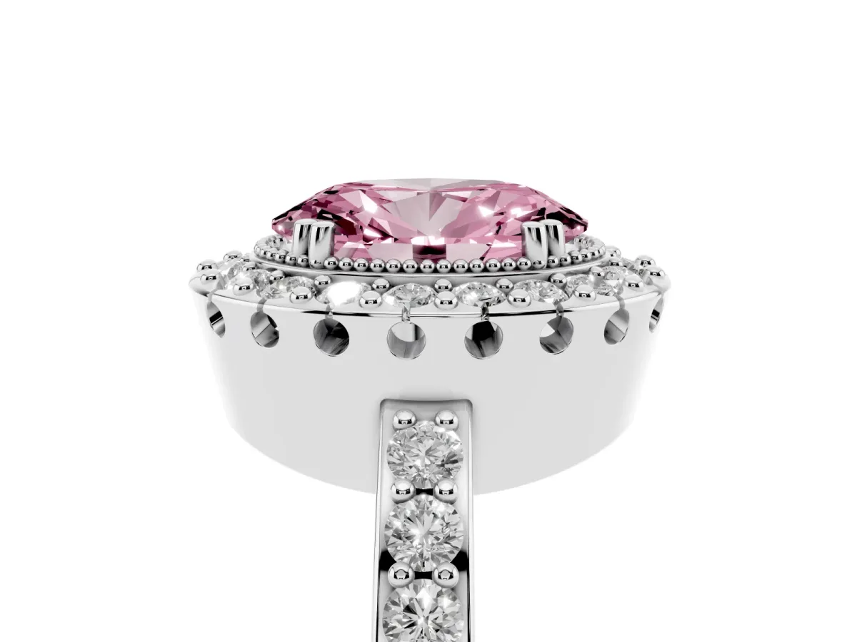 Fancy Pink Oval Cut Diamond Halo Ring with Pavé Band and Prong Setting Silver