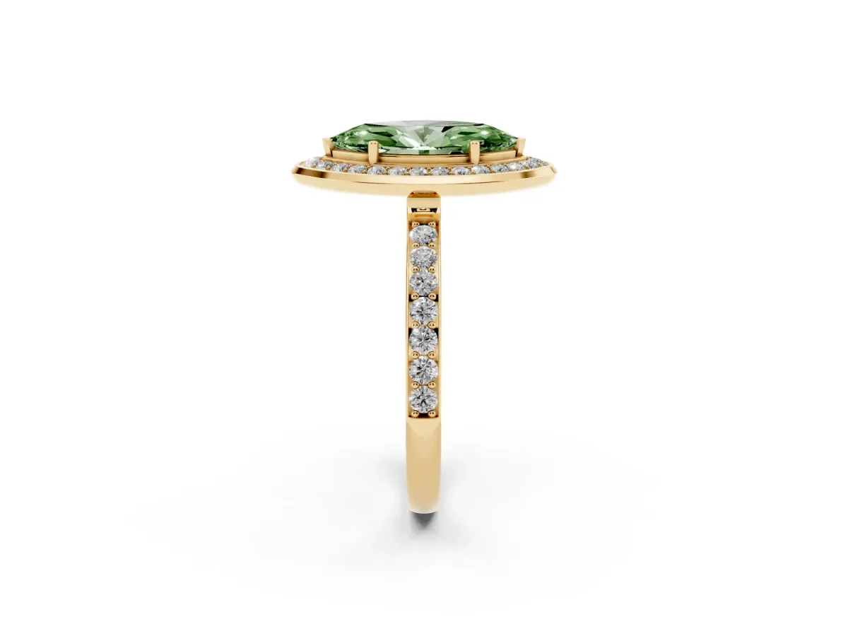 Fancy Green Marquise Cut Diamond Halo Ring with Bezel Frame and Pavé Band Yellow gold