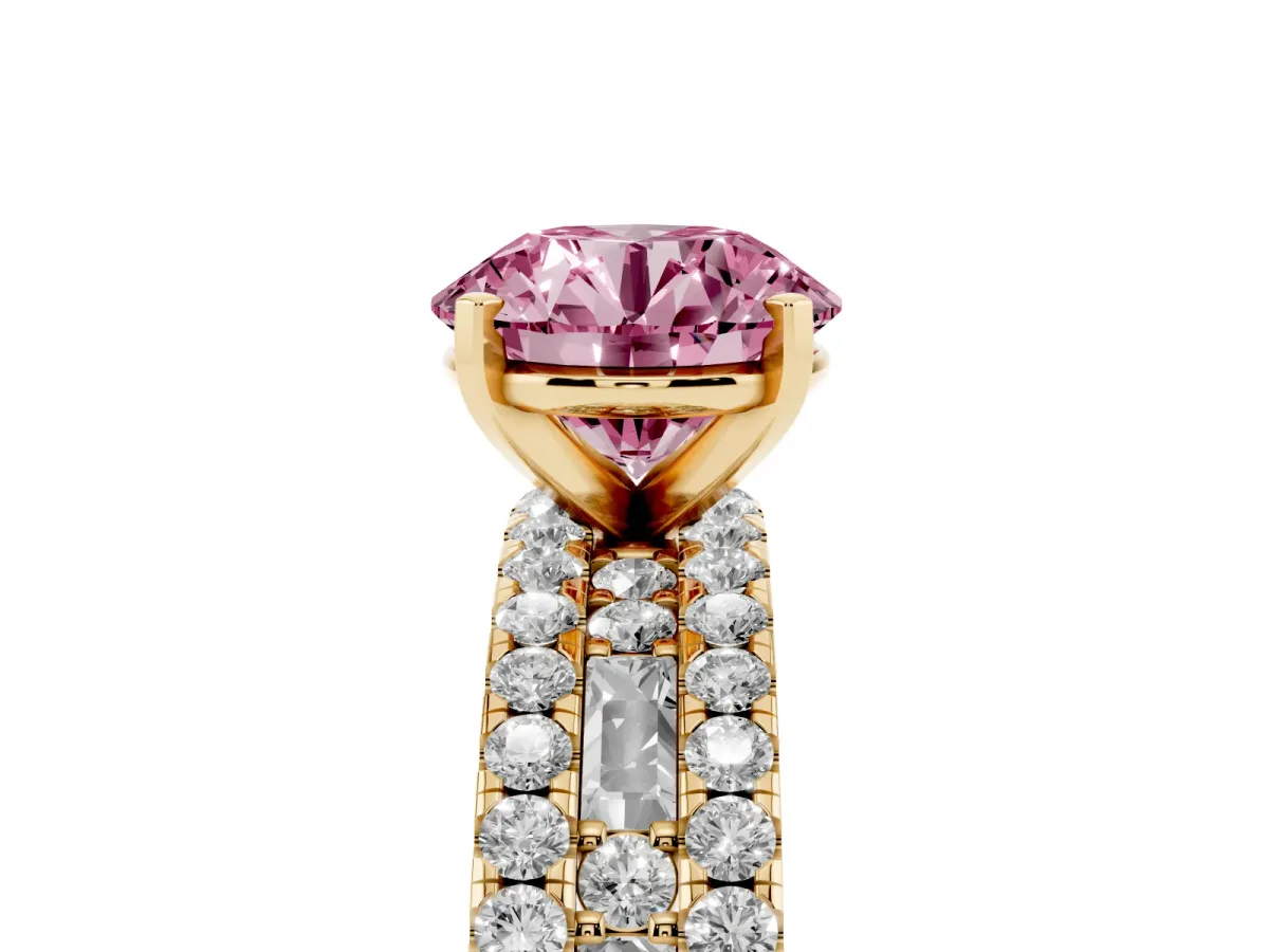 Fancy Pink Round Cut Diamond Solitaire Ring with Pavé and Channel Set Band Yellow gold