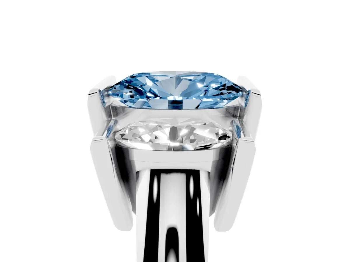 Fancy Blue Three Stone Oval Cut Cut Channel Set Diamond Ring Platinum