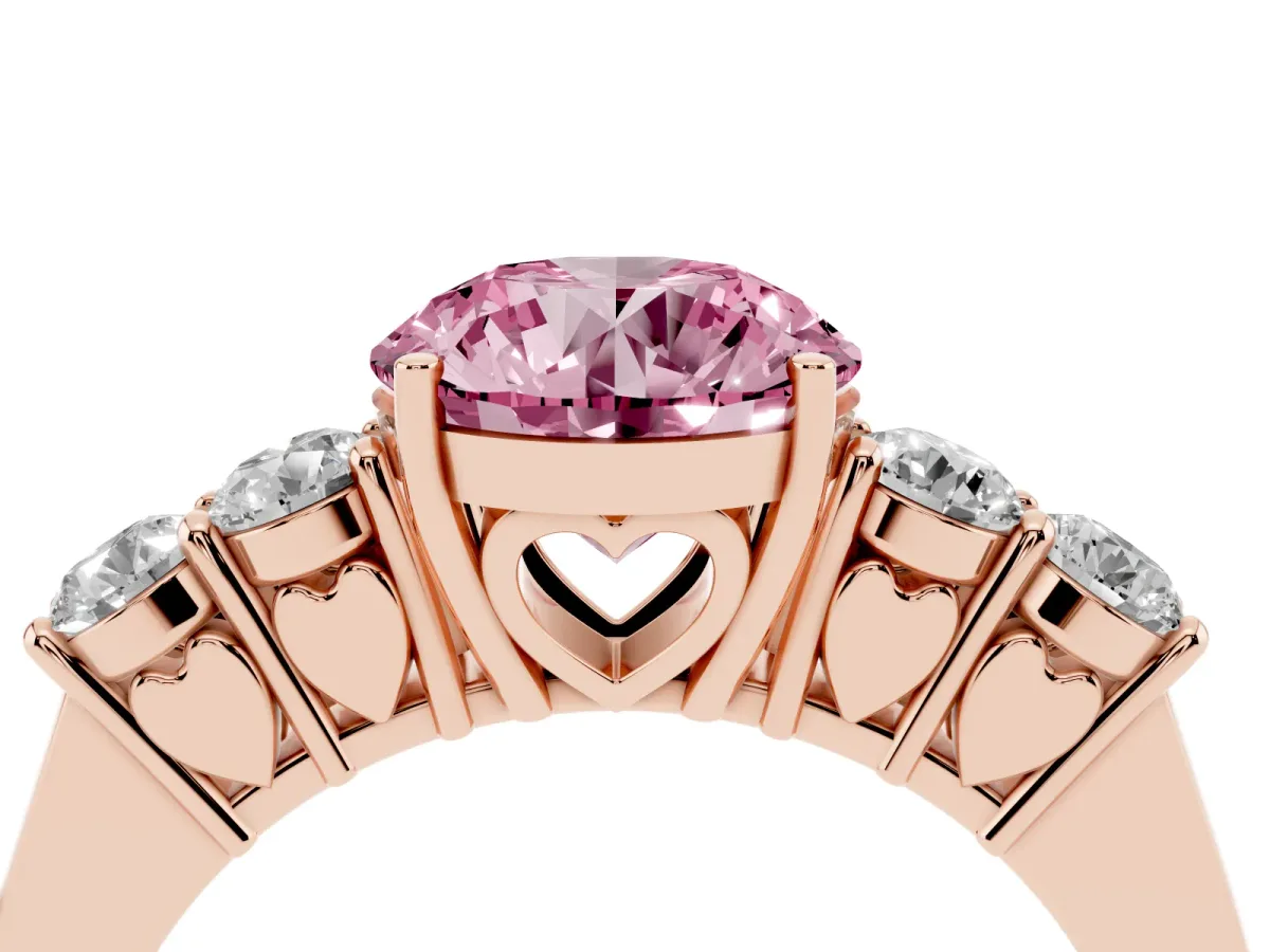 Fancy Pink Round Cut Cut Diamond Five-Stone Prong Set White Gold Ring Rose gold