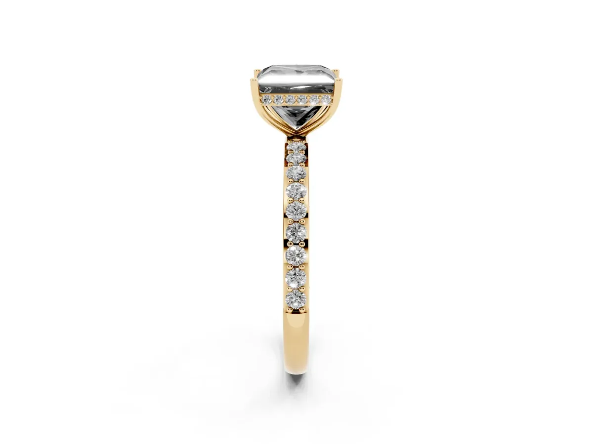 Fancy Black Princess Cut Diamond Solitaire Ring with Pavé Band and Hidden Halo Yellow gold