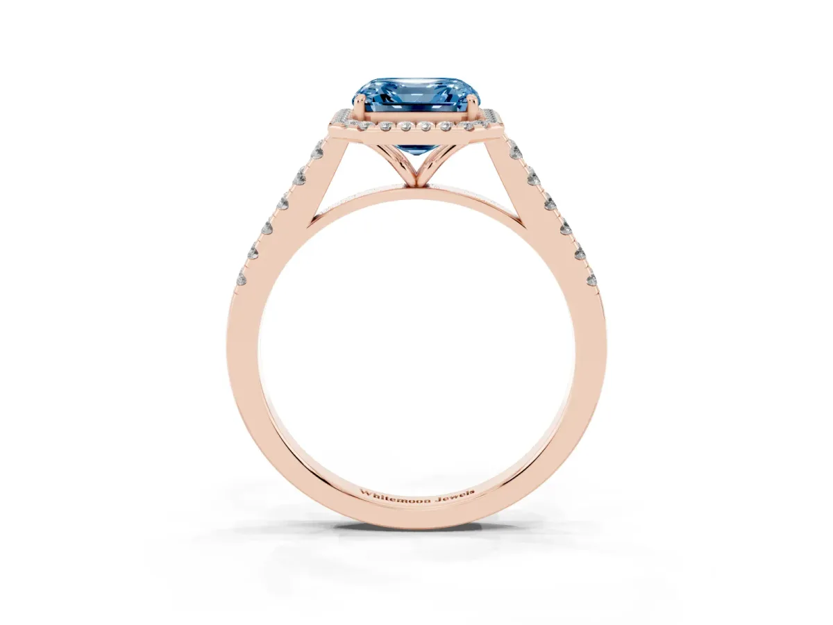 Fancy Blue Asscher Cut Halo Pave Diamond Engagement Ring with Four-Prong Setting Rose gold