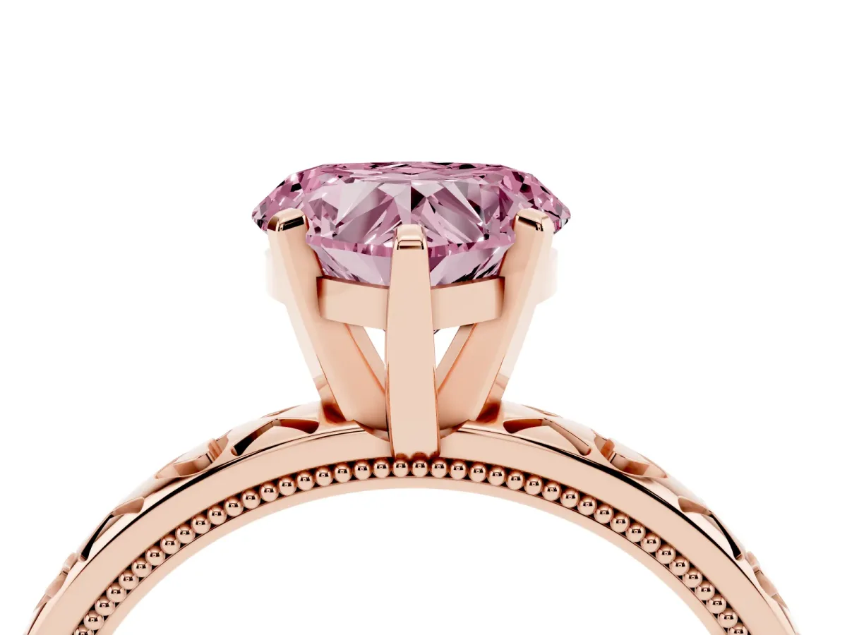 Fancy Pink Heart Cut Solitaire Diamond Engagement Ring with XO Engraved Band and Four-Prong Setting Rose gold