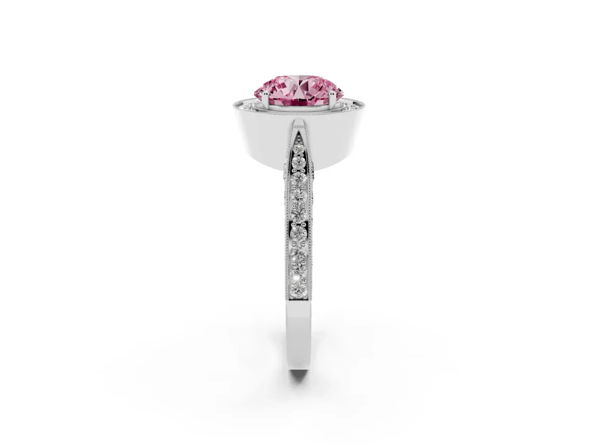 Fancy Pink Round Cut Halo Diamond Engagement Ring with Split Shank Band and Four-Prong Setting Silver