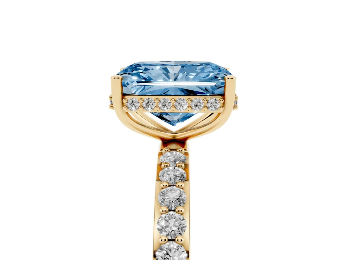 Fancy Blue Radiant Cut Diamond Solitaire Ring with Pavé Band and Hidden Halo Yellow gold