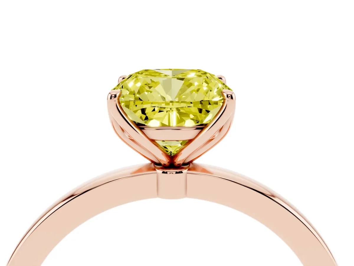 Fancy Yellow Cushion Cut Diamond Solitaire Ring with Thin Band and Prong Setting Rose gold