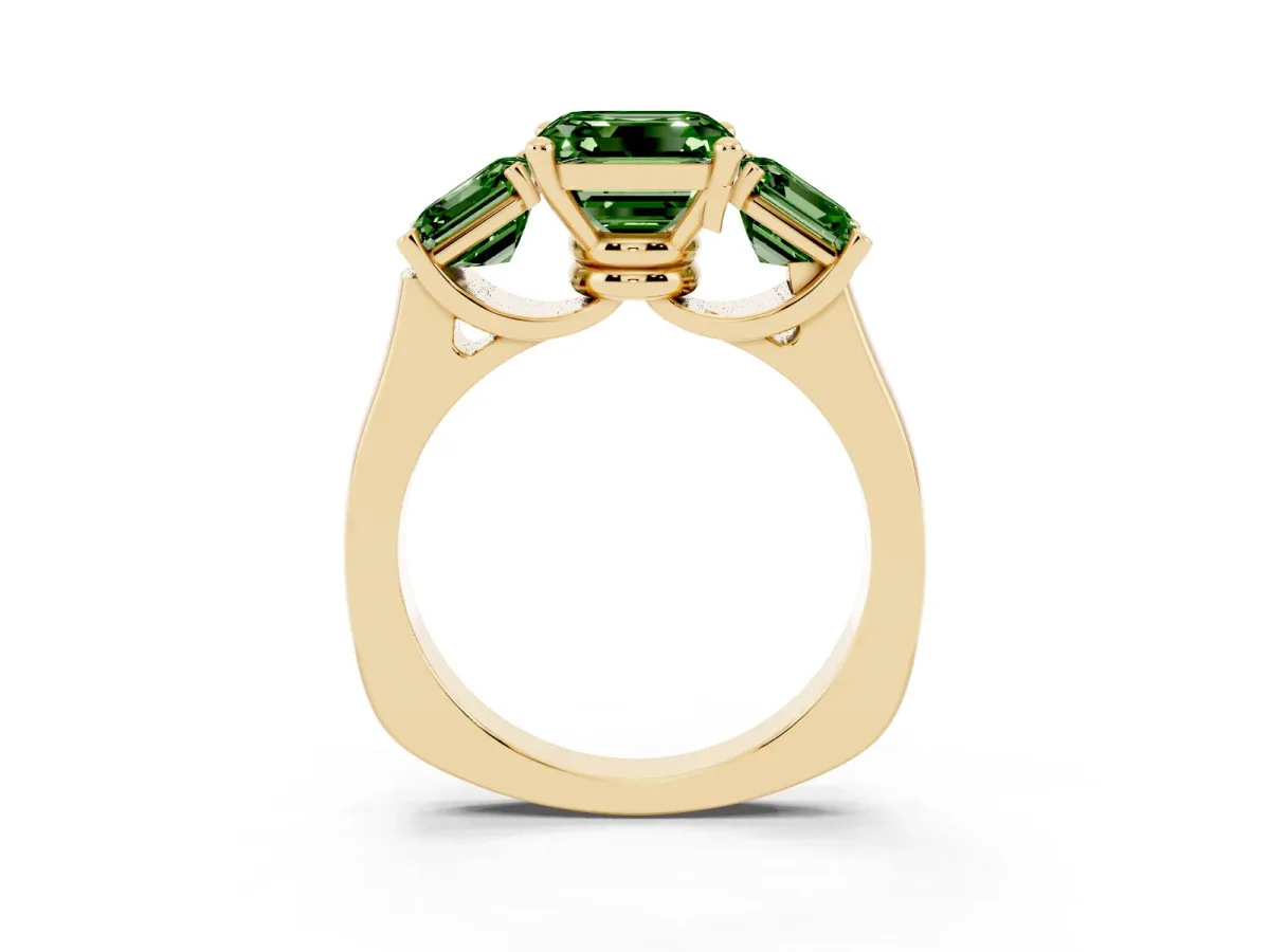 Fancy Green Three-Stone Asscher Cut Brilliant Diamond Trellis Ring with Comfort Fit Band Yellow gold