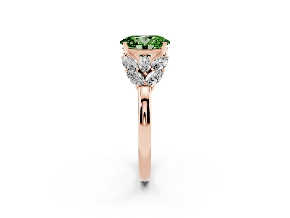 Fancy Green Oval Cut Diamond Cluster Leaf Design Ring with Prong Setting Rose gold