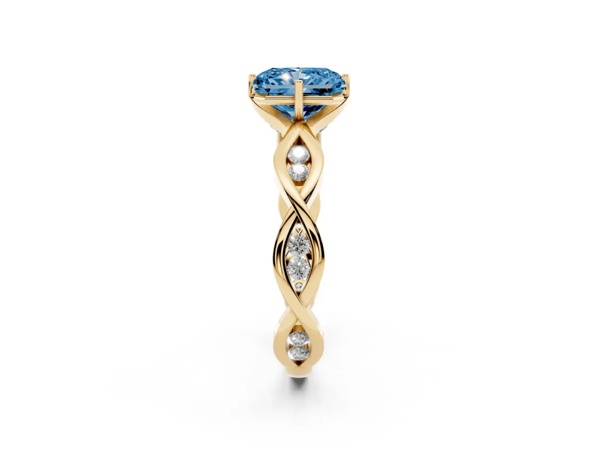 Fancy Blue Radiant Cut Solitaire Twist Band with Leaf Prong Setting Yellow gold