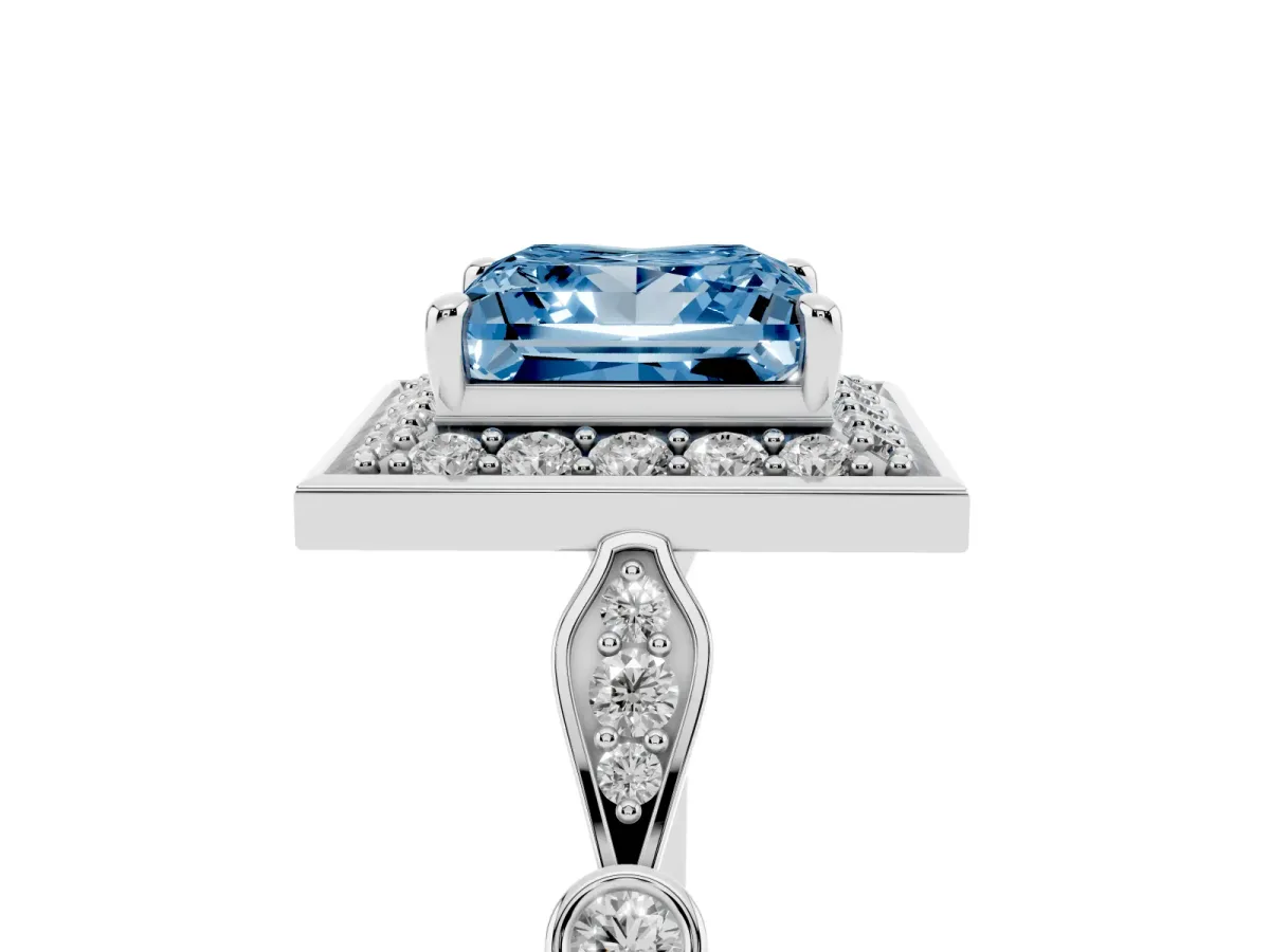 Fancy Blue Princess Cut Halo Diamond Engagement Ring with Twisted Band and Four-Prong Setting Platinum