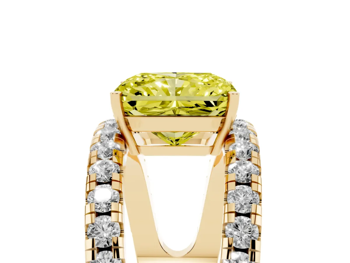Fancy Yellow Radiant Cut Solitaire Split Shank Pave Diamond Ring Yellow gold
