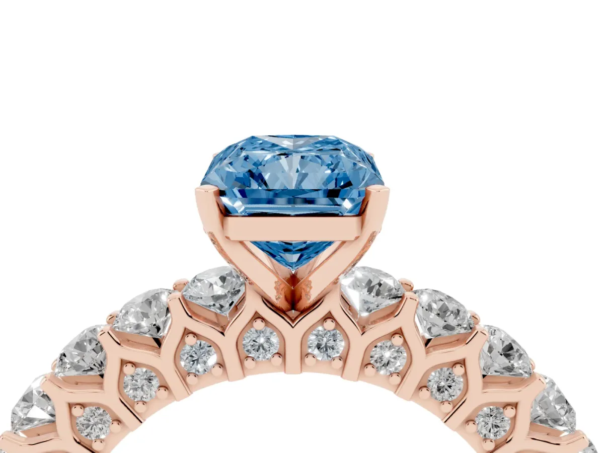 Fancy Blue Radiant Cut Diamond Solitaire Ring with Shared Prong Pavé Band and Four-Prong Setting Rose gold
