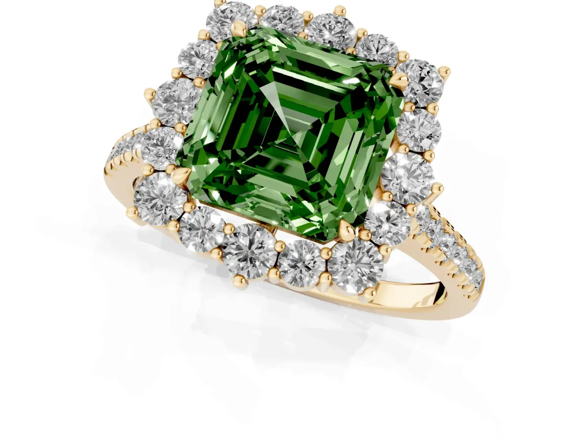 Fancy Green Asscher Cut Halo Diamond Ring with Pavé Band and Prong Setting Yellow gold