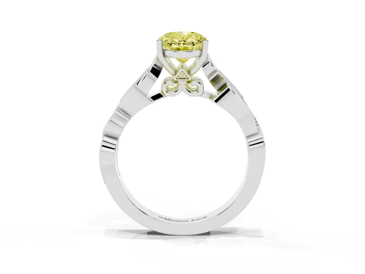 Fancy Yellow Oval Cut Solitaire Vine Band with Milgrain Prong Setting Silver