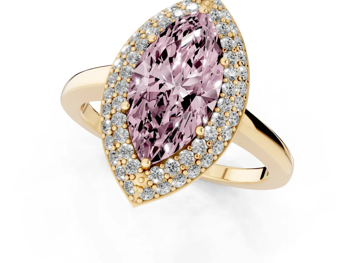 Fancy Pink Marquise Cut Halo Diamond Engagement Ring with Solitaire Band and Four-Prong Setting Yellow gold