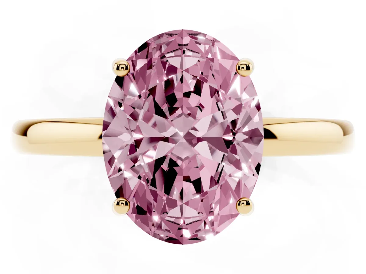 Fancy Pink Oval Cut Solitaire Diamond Ring with Prong Setting and Plain Band Yellow gold