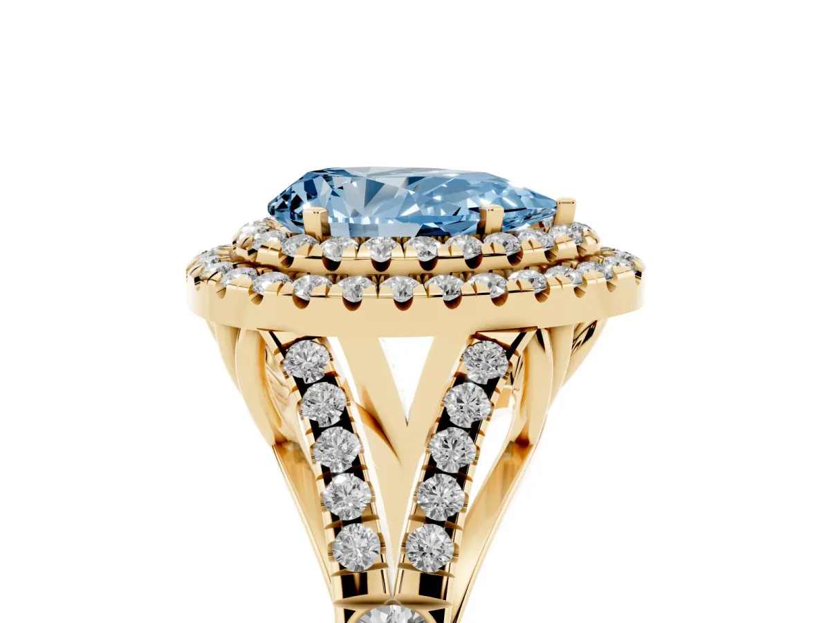 Fancy Blue Pear Cut Diamond Pavé Split Shank Double Halo Engagement Ring Yellow gold