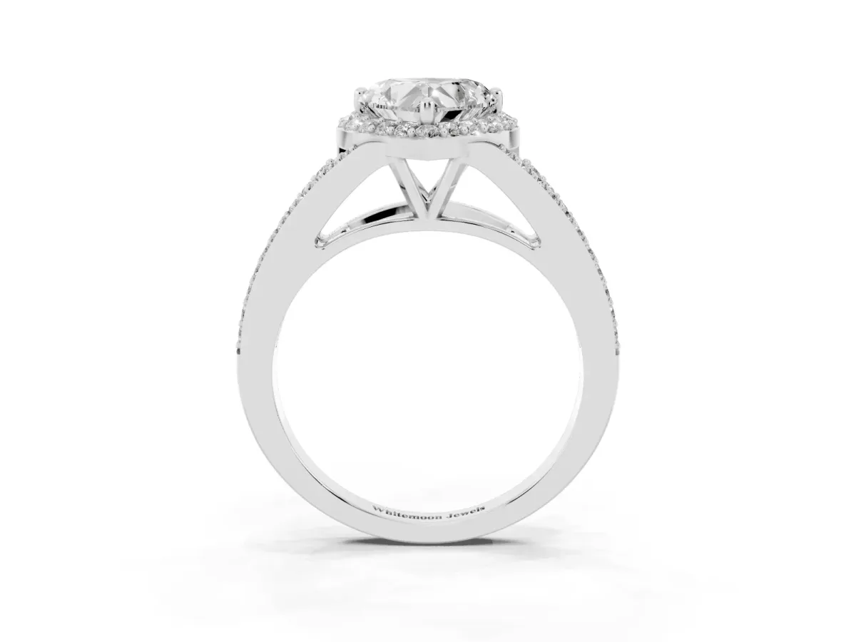 Heart Cut Halo Split Shank Diamond Ring with Prong Setting Silver