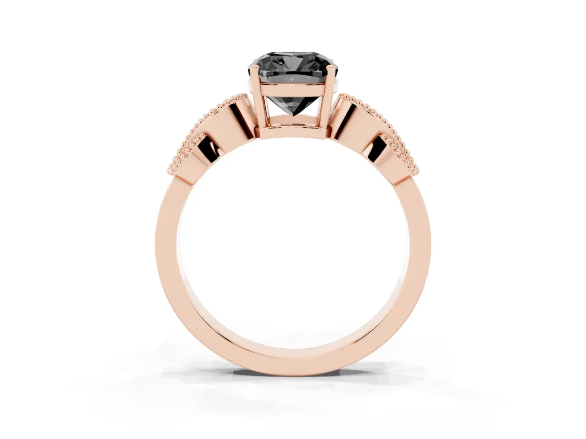 Fancy Black Cushion Cut Solitaire Milgrain Leaf Band with Prong Setting Rose gold