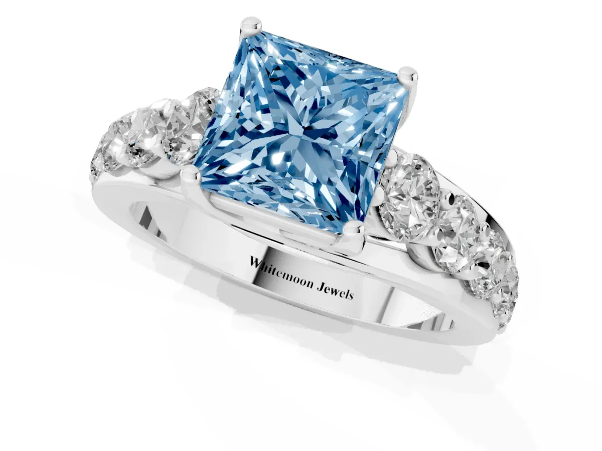 Fancy Blue Princess Cut Diamond Engagement Ring with Pavé Band and Four-Prong Setting Platinum