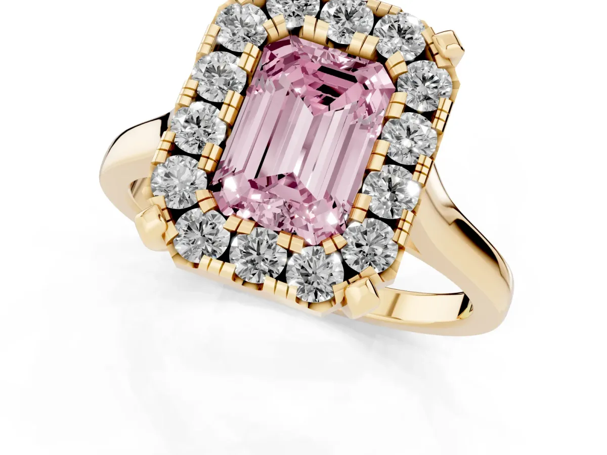 Fancy Pink Emerald Cut Diamond Cluster Halo Solitaire with Four-Prong Setting Yellow gold
