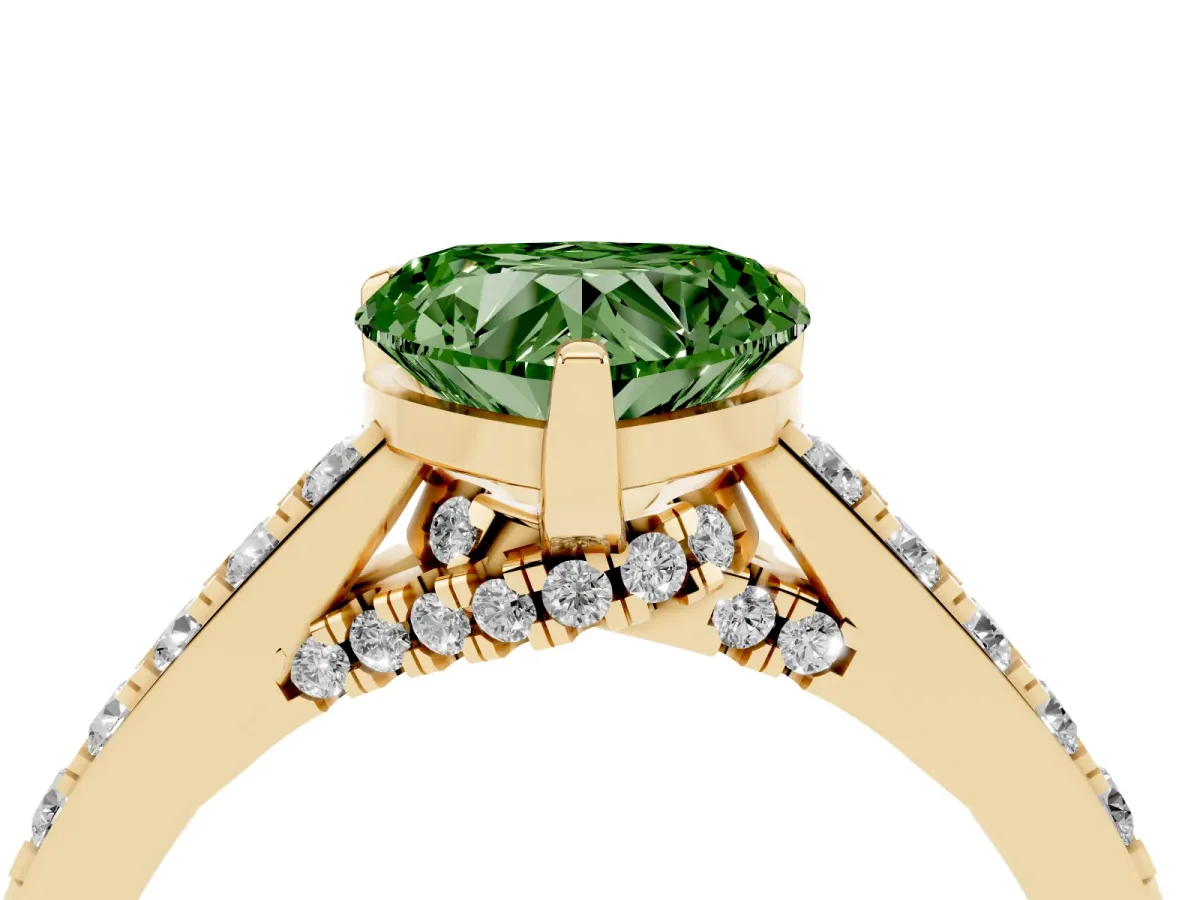 Fancy Green Heart Cut Diamond Solitaire Ring with Crossover Gallery and Round Pavé Band Yellow gold