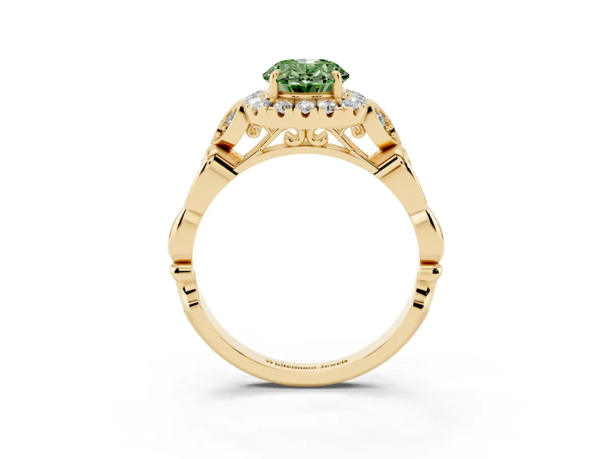 Fancy Green Oval Cut Halo Diamond Engagement Ring with Vintage-Inspired Band and Four-Prong Setting Yellow gold