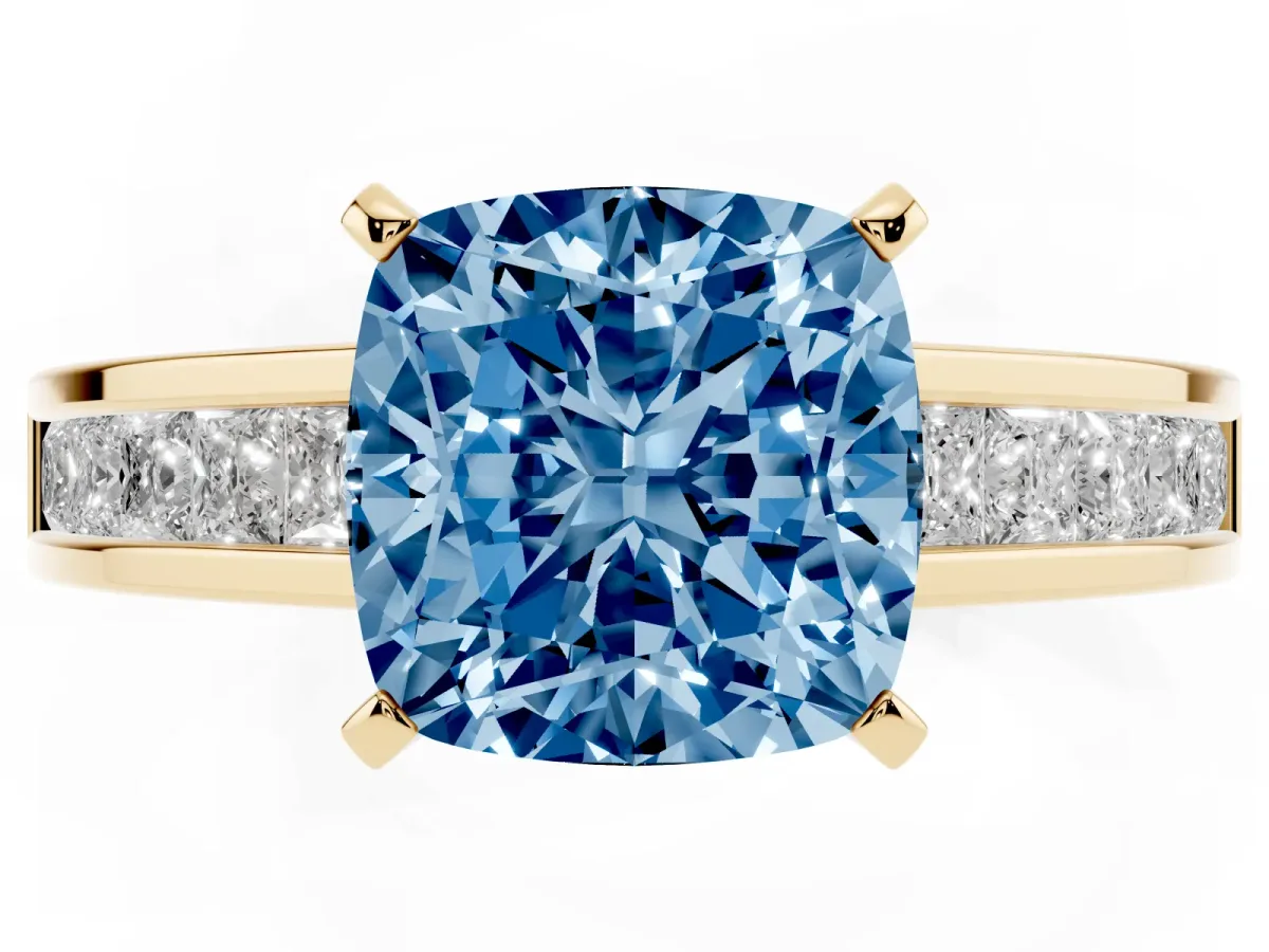Fancy Blue Cushion Cut Solitaire Diamond Ring with Channel-Set Band and Four-Prong Setting Yellow gold